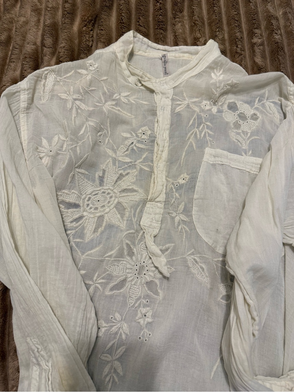 Beautiful, feminine Magnolia Pearl White Embroidered Long-Sleeve Shirt.